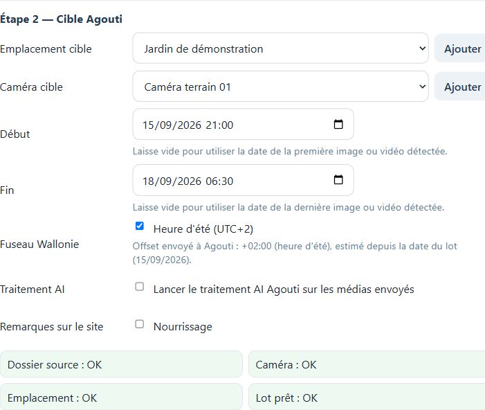 Exemple de cible prête : emplacement, caméra, période et contrôles de préparation.