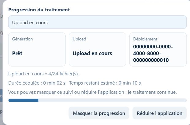 Le suivi affiche le nombre envoyé, le temps écoulé et une estimation du temps restant.
