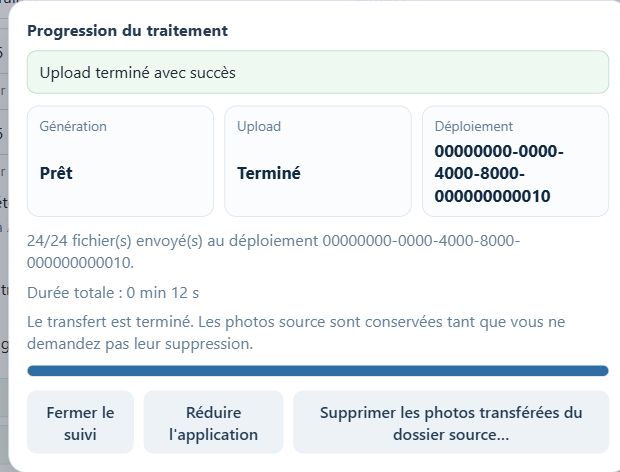 Le message de réussite confirme la fin du transfert et identifie le déploiement.