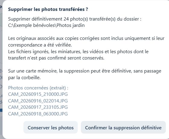 Avant toute suppression, vérifiez le dossier, le nombre de photos et les fichiers concernés.