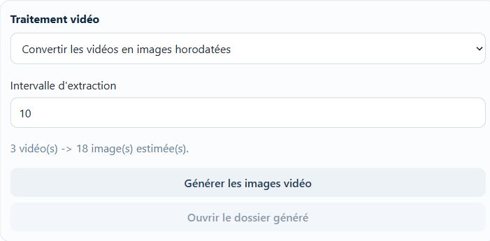 L’intervalle d’extraction est exprimé en secondes ; l’estimation indique le nombre d’images attendu.