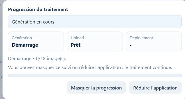 La fenêtre de progression montre que la génération est en cours.
