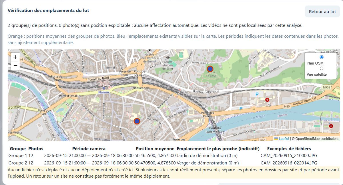 La vérification GPS présente les groupes de positions et leurs périodes pour aider à comprendre le lot.