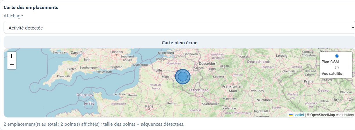 La carte peut être agrandie et son indicateur modifié ; la taille des points dépend du choix effectué.